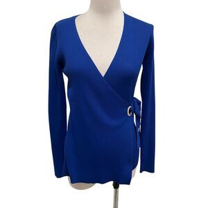 Select + Trend Womens Ribbed Side Tie Wrap Sweater Top Angel Fish Blue Small NWT